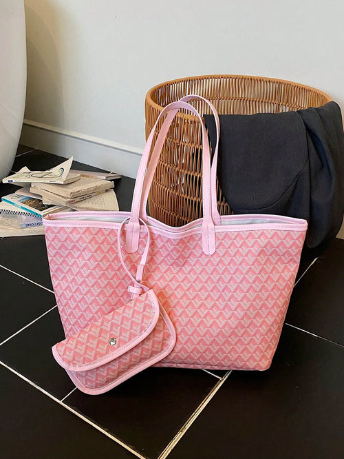 Shein - Shimeini 2026 New 2-piece Set European And American Fashion Monogram Colorblock Large Capacity Tote Bag