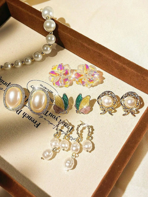 Shein - 5pcs/set Vintage Hollow Bow Faux Pearl Earrings For Women, Asymmetrical Minimalist Earring Set
