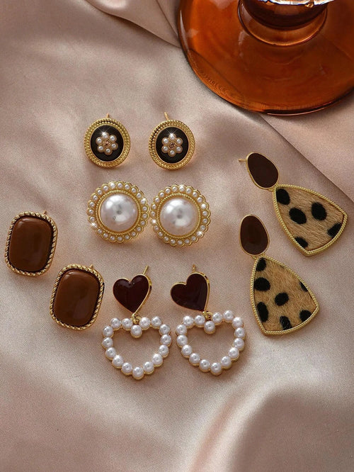 Shein - 5pcs/set Minimalist Vintage Faux Pearl Heart Flower Exquisite Design Stud Earrings Set