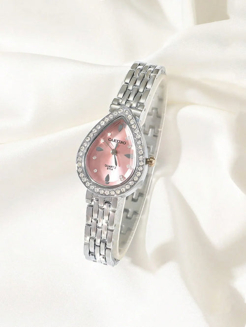 Shein - 1pc Caryino Women Silver Dial Stainless Steel Band Watch Teardrop Dial Shape