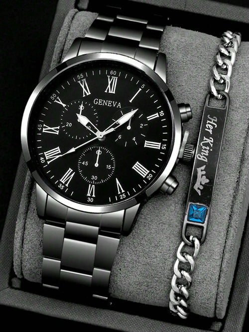 Shein - 2pcs/set Fashionable Business Men's Round Black Steel Band Quartz Watch