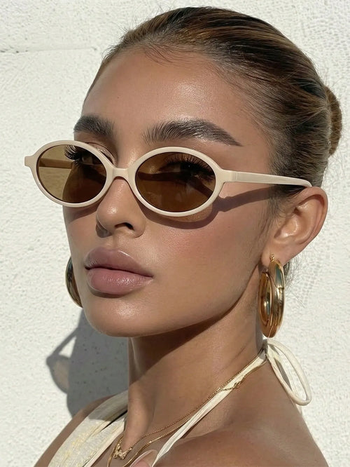 Shein - 1 Pair Women S Beige Oval Pc Frame Vintage Chic Fashionable Street Style Runway Fashion Glasses