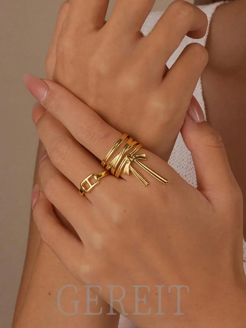 Shein - Gereit 2pcs 18k Stainless Steel Bow Knot Open Ring Set