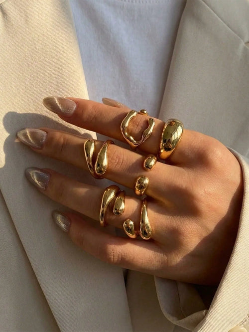 Shein - 6pcs Vintage Asymmetrical Liquid Teardrop Open Ring Set, Fashionable Coin Design, Suitable For Daily, Evening Party, Gift For Girlfriend, Friend, Valentine's Day
