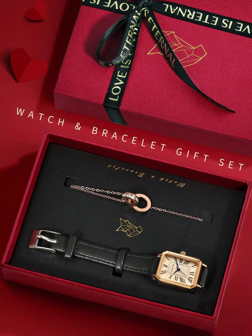Shein - Luckyfox Vintage Pu Leather Square Quartz Watch Set With Bracelet Gift Box