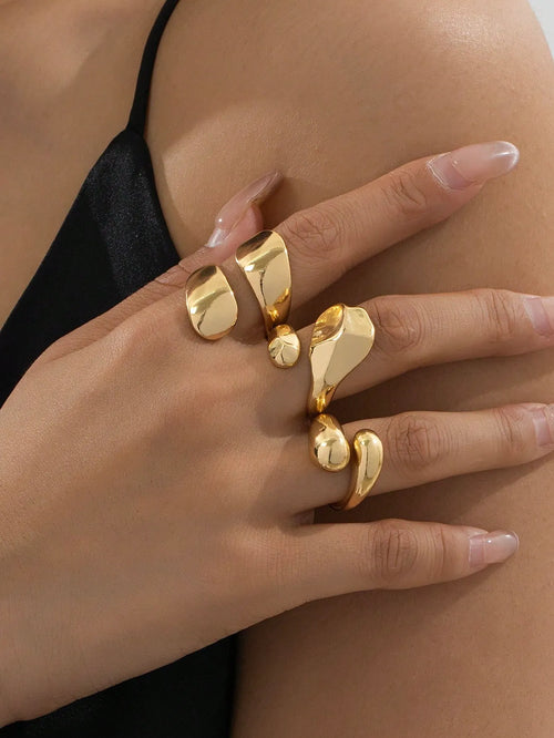 Shein - 3pcs Geometric Hollow Golden Rings, Fashionable & Simple Ring Set