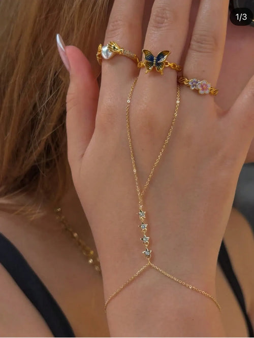 Shein - 1pc Golden Sparkling Cubic Zirconia Star Decor Finger Chain Bracelet Set