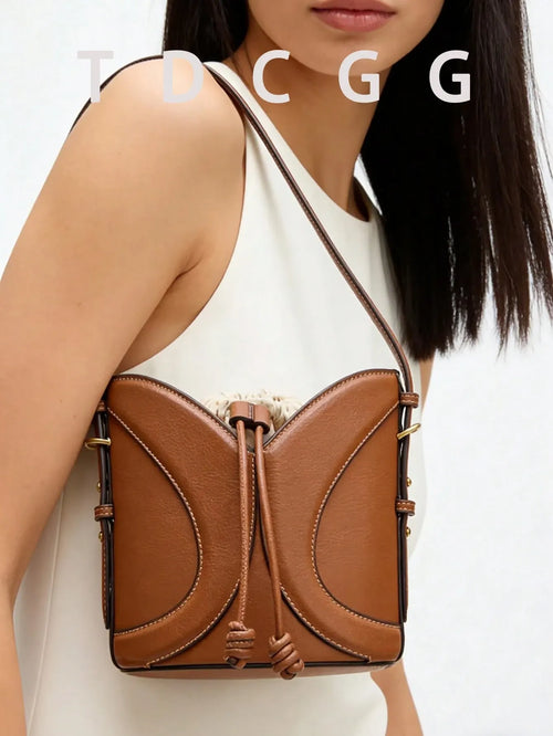Shein - 1pc Brown Pu Leather Bucket Bag, British Style Drawstring Shoulder And Crossbody Bag