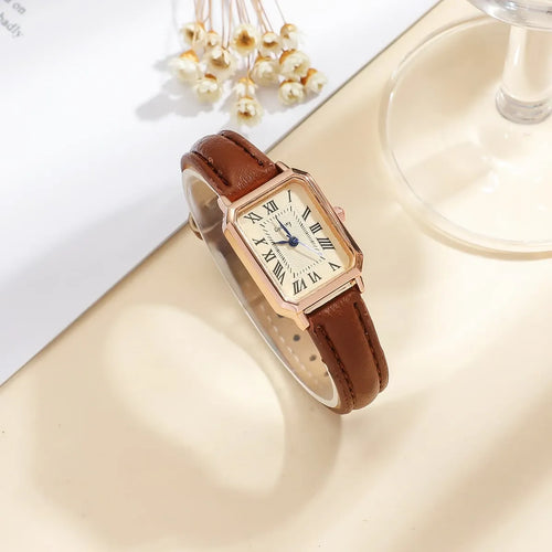 Shein - 1pc Teenager/student Square Roman Numeral Dial Leather Band Quartz Watch - Tan