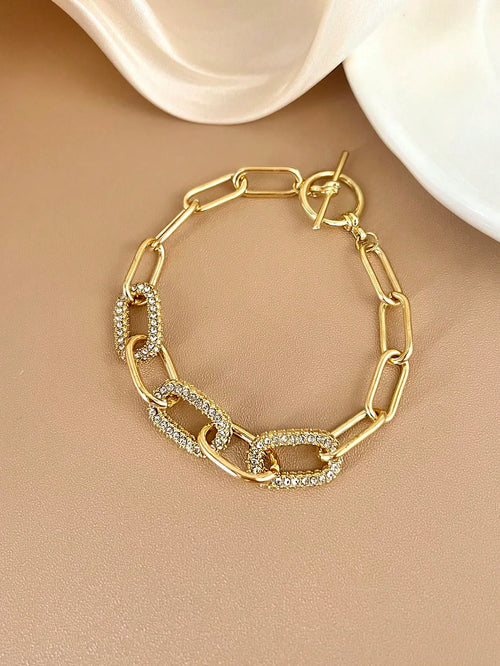 Shein - 1pc Minimalist Elegant Gold Rhinestone Oval Chain Bracelet