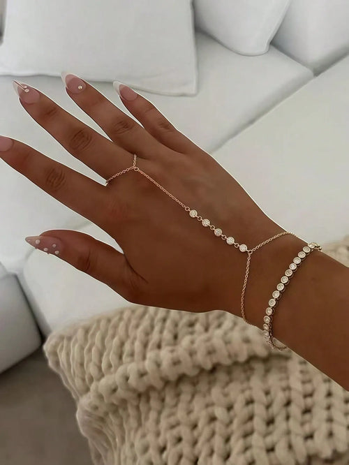 Shein - 2pcs Elegant Sparkling Cubic Zirconia Multi-layer Stacked Finger Ring Bracelet Set - Golden