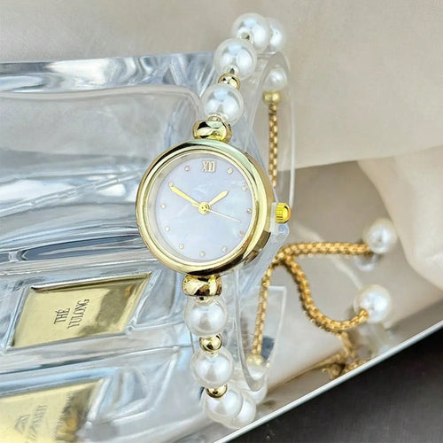 Shein - 1pc Women's Retractable Pearl Strap Chic Compact Circular Case Fashion Alloy Bracelet Watch - Gold