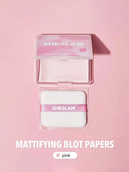 Shein Sheglam - Mattifying Blot Papers With Puff And Mirror 50 Pcs-rose Portable Oil Control Film Absorb Excess Oil Makeup Friendly