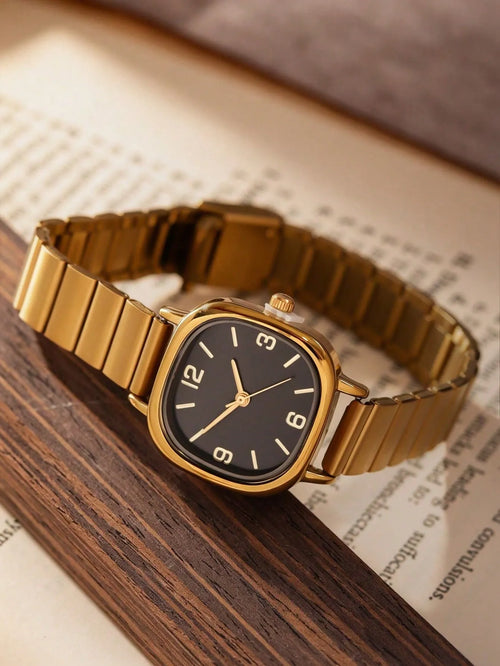 Shein - 1pc Niche Vintage Black & Gold Square Quartz Watch