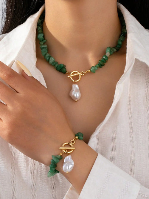Shein - Women's Turquoise Chip & Faux Baroque Faux Pearl Jewelry Set
