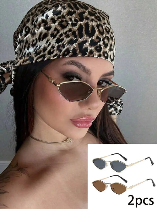 Shein - 2pcs New Summer Women S Glasses Set Retro Bohemian Metal Frame Rhombus Polygon Unisex Glasses