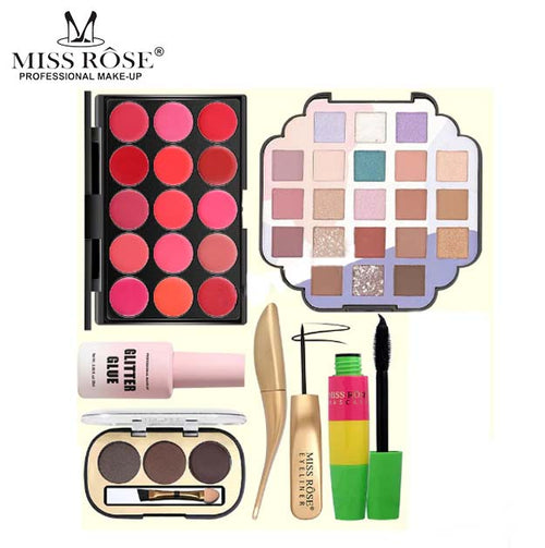 Miss Rose - Pack Of 6 - 21 Color Eyeshadow Palette +15 Color Lipstick Matte Lip Cream Palette + 3 Colors Eyebrow Powder + Glitter Glue 25ml Long Lasting Waterproof + Glamour Eyeliner + Funky Mascara
